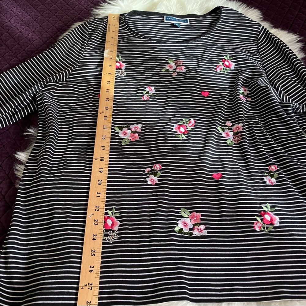 Karen Scott Black and White Striped Top with  Pink Flower Embroidery